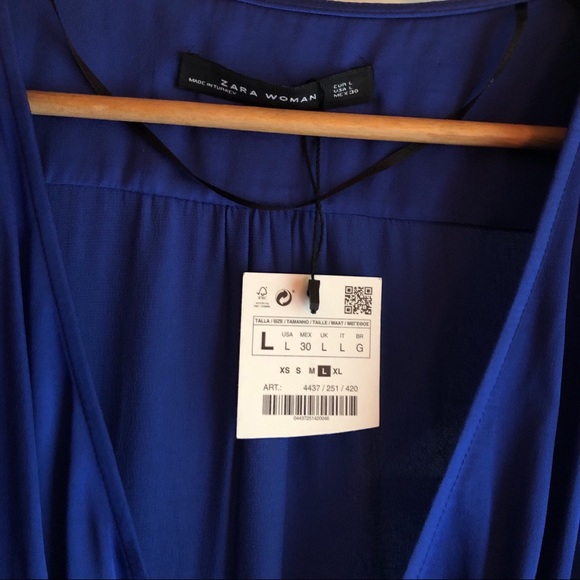 Zara Woman Royal Blue Satin Wrap Tie Blouse - Picture 2 of 6